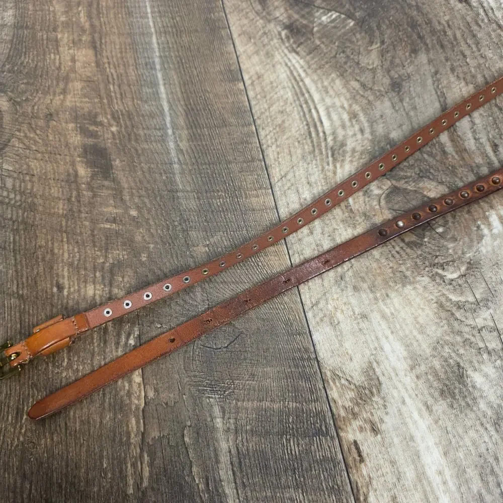 Y2K Brown Studded Leather Skinny Belt Boho Western Festival Distressed Vintage